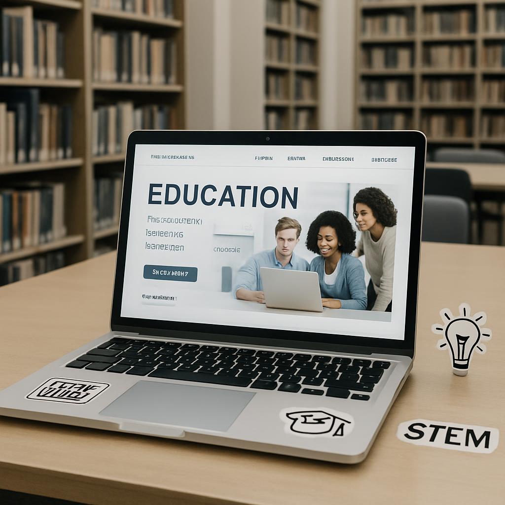 Laptop showing a webpage with the word "EDUCATION" and a photo of people on a table in a library background.